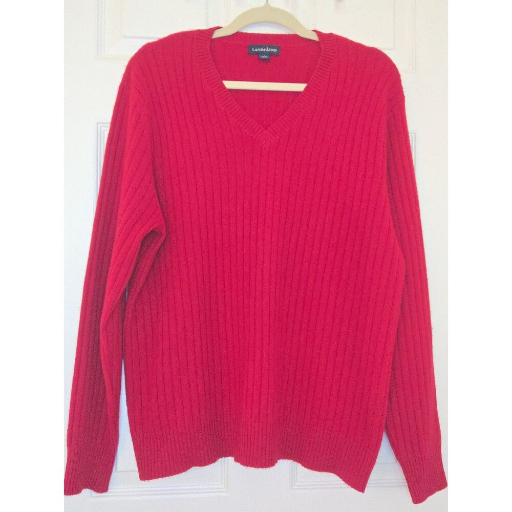 Cashmere Lands End Large Red V-Neck Sweater Holiday Christmas Party Luxe Classic